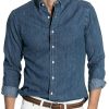 Men DJ Casual Shirts | Lapel Single-Breasted Versatile Denim Long-Sleeved Shirt Navy