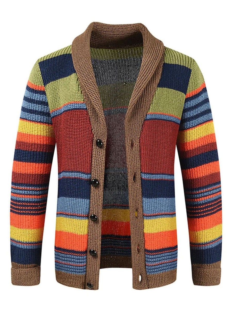 Men HLJ Cardigan | Men'S Autumn And Winter Lapel Colorblock Knit Cardigan Red