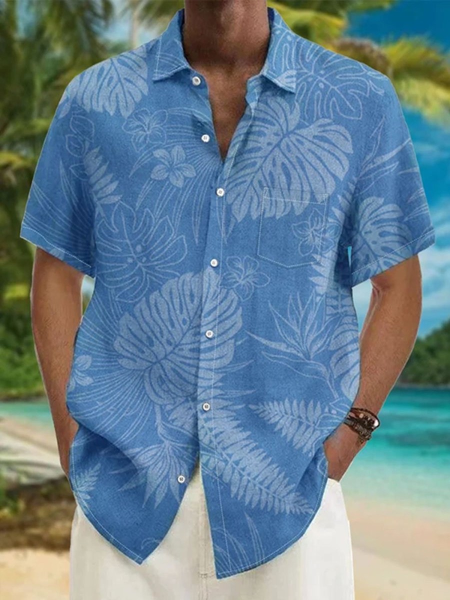 Men DJ Shirts | Hawaiian Botanical Print Chest Pocket Short-Sleeve Casual Shirt Blue