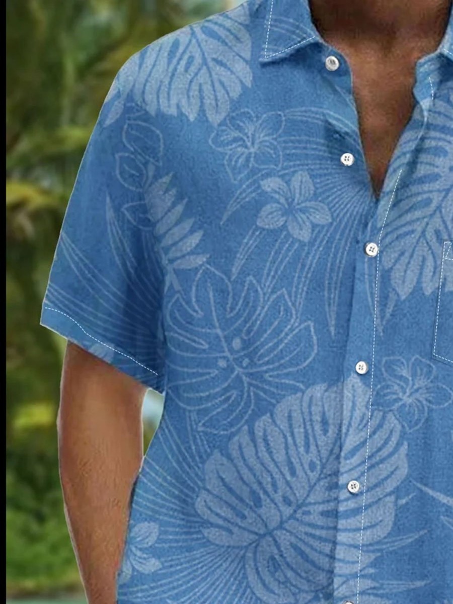 Men DJ Shirts | Hawaiian Botanical Print Chest Pocket Short-Sleeve Casual Shirt Blue