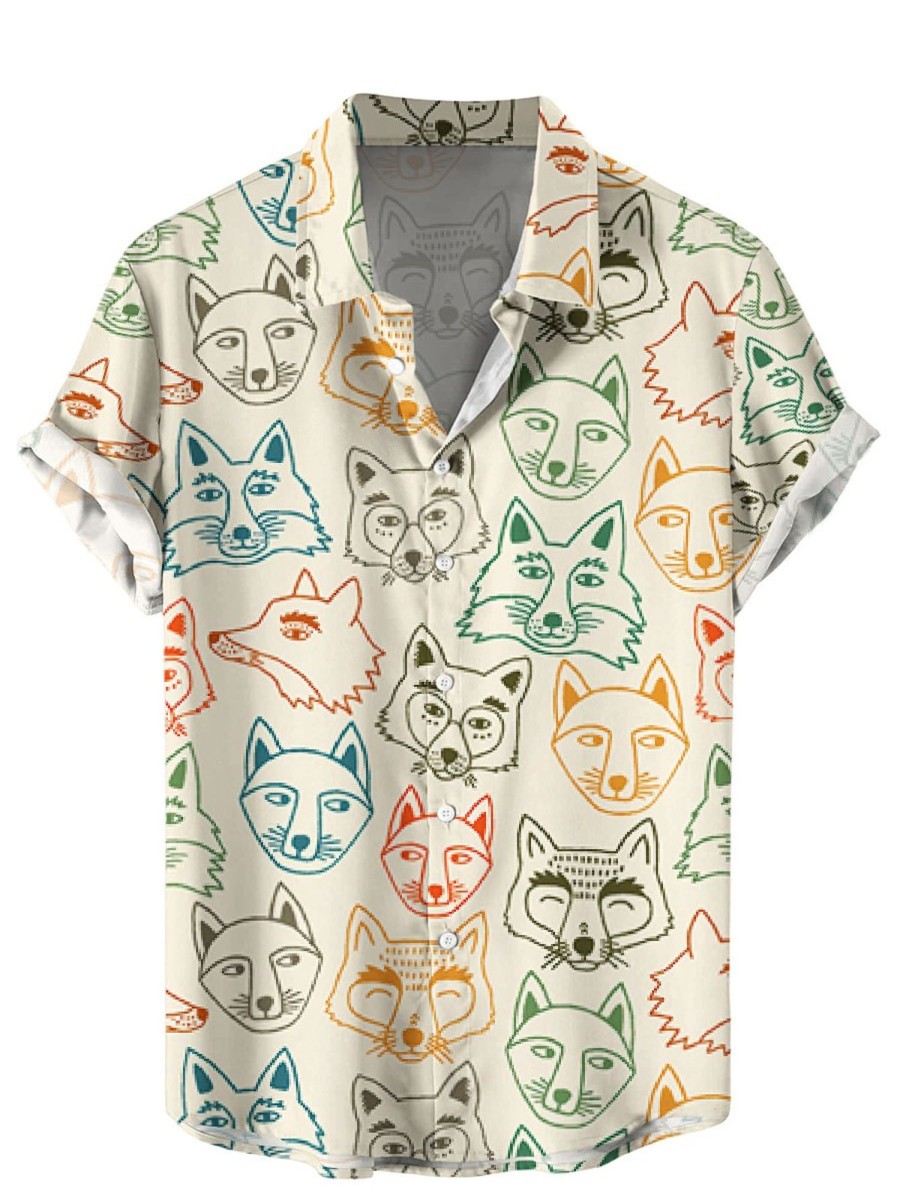 Men HWT Shirts | Men'S Hawaiian Shirts Foxes Print Short Sleeve Shirt Beige