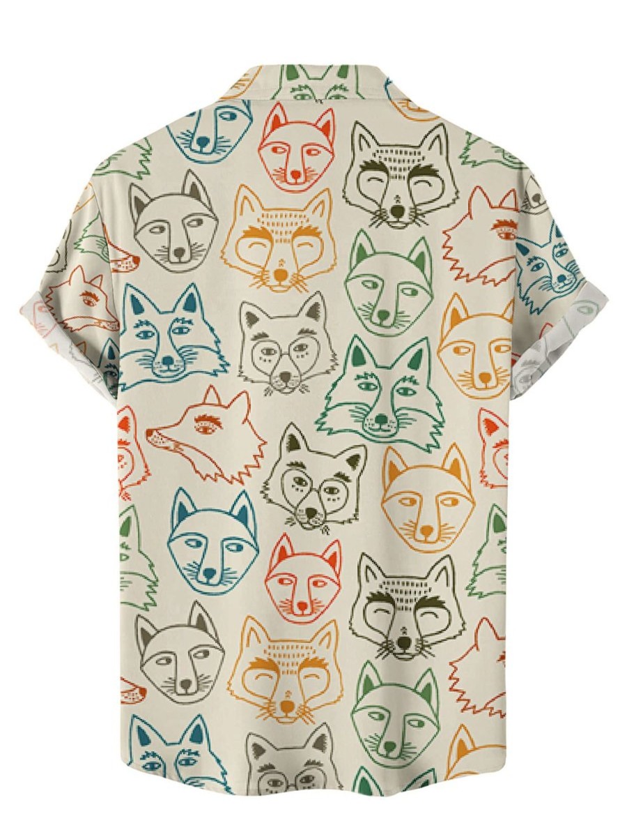 Men HWT Shirts | Men'S Hawaiian Shirts Foxes Print Short Sleeve Shirt Beige