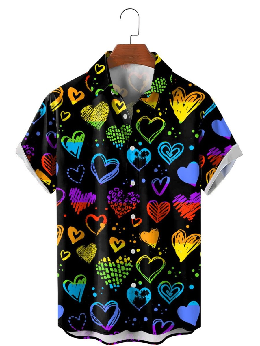 Men HLJ Shirts | Valentine'S Day Rainbow Neon Heart Short Sleeve Shirt Black