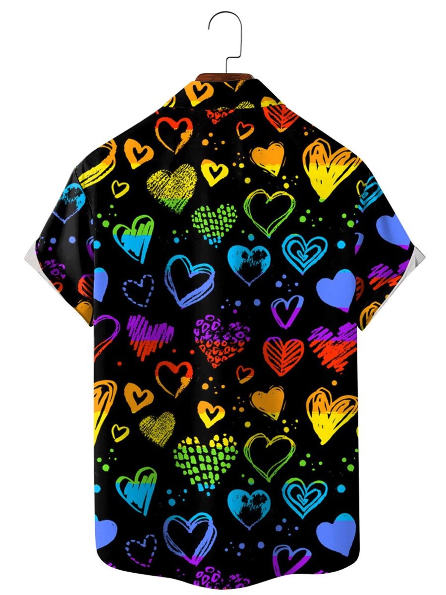 Men HLJ Shirts | Valentine'S Day Rainbow Neon Heart Short Sleeve Shirt Black