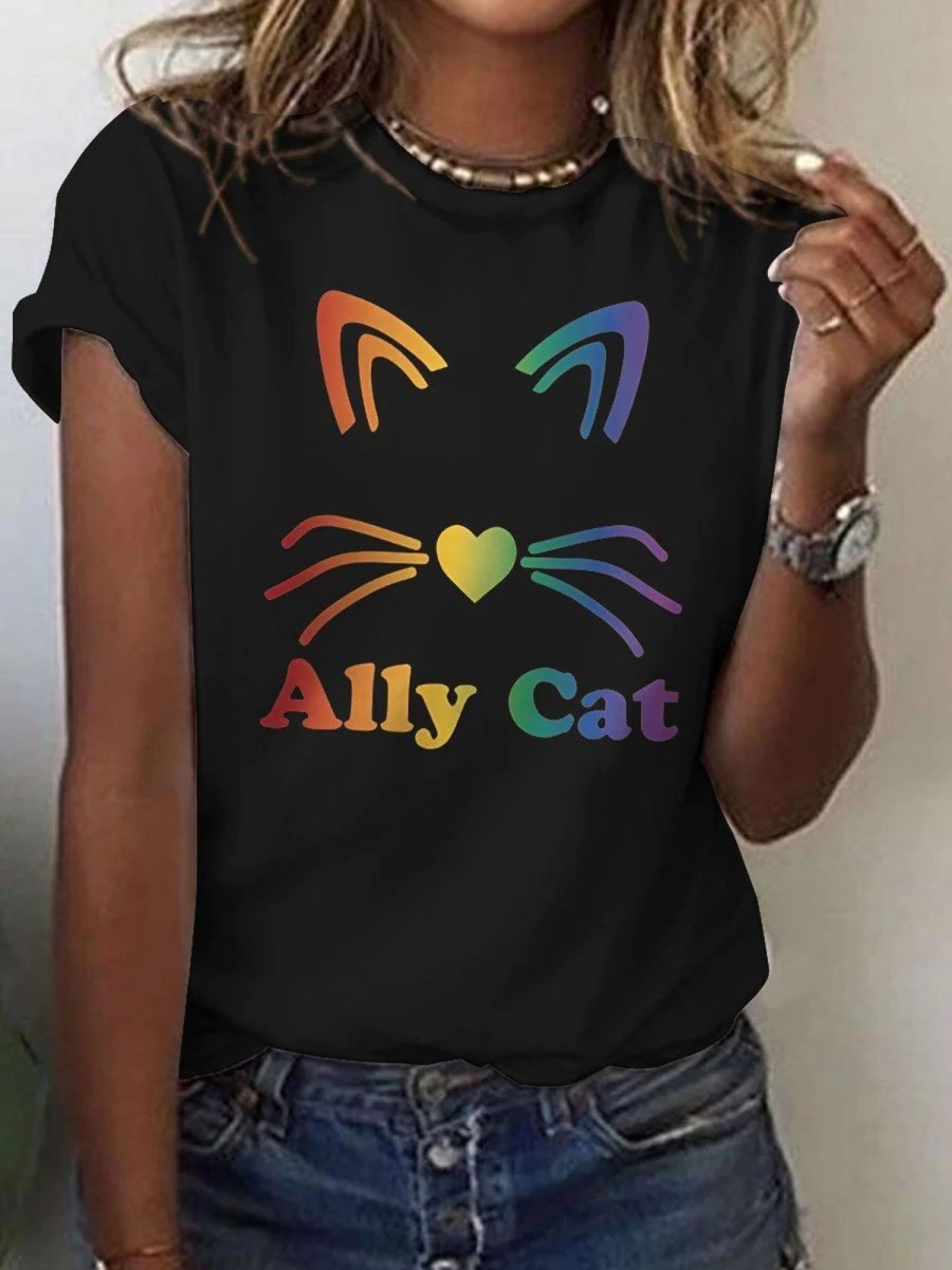 Women DJ | Women'S Lgbt Rainbow Gradient Pride Ally Cat Casual Print T-Shirt