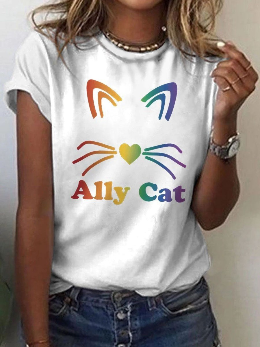 Women DJ | Women'S Lgbt Rainbow Gradient Pride Ally Cat Casual Print T-Shirt