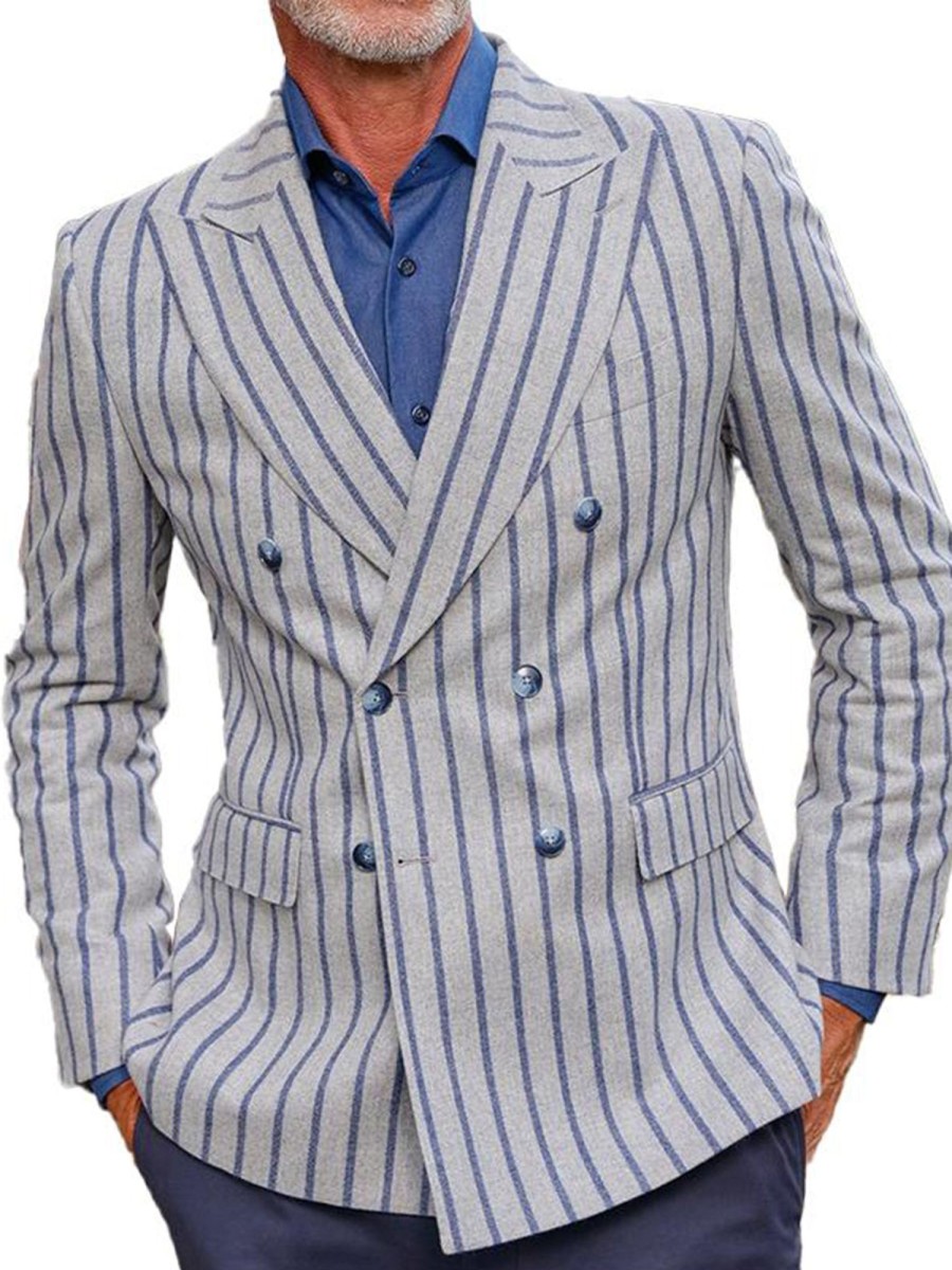 Men QMY Jacket | Men'S Casual Lapel Double Breasted Striped Blazer Grey