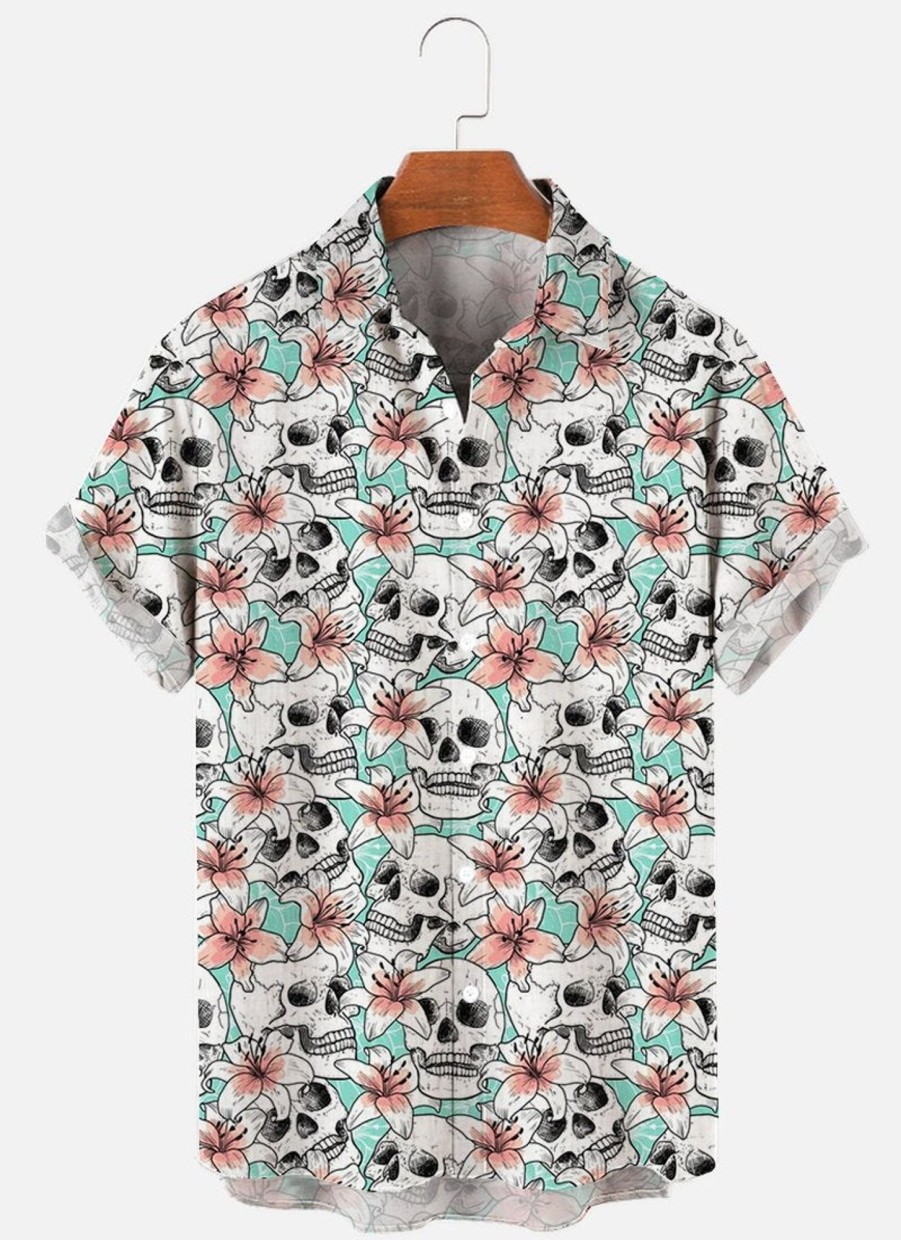 Men findercube Shirts | Men'S Skull Flower Print Short Sleeve Shirt 66557986 White