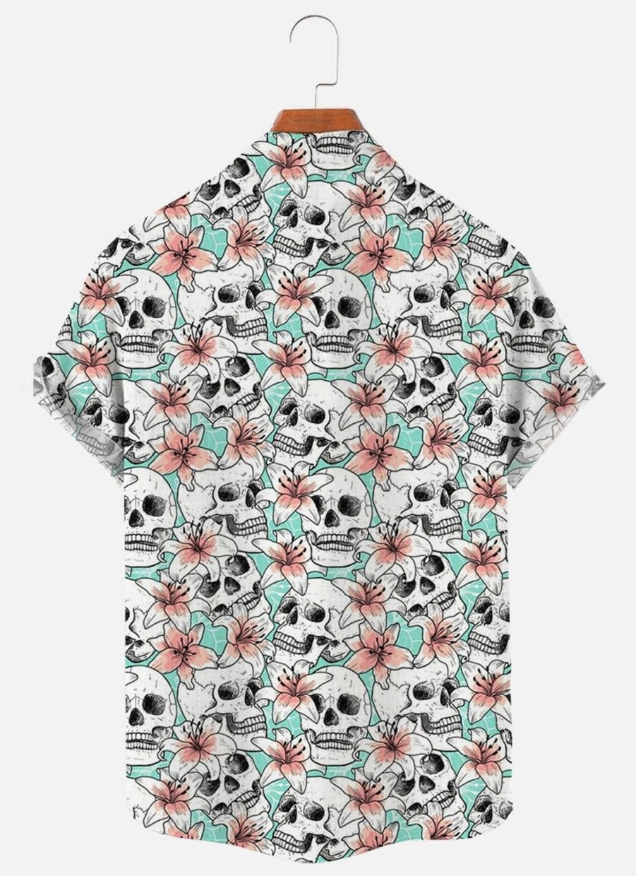 Men findercube Shirts | Men'S Skull Flower Print Short Sleeve Shirt 66557986 White