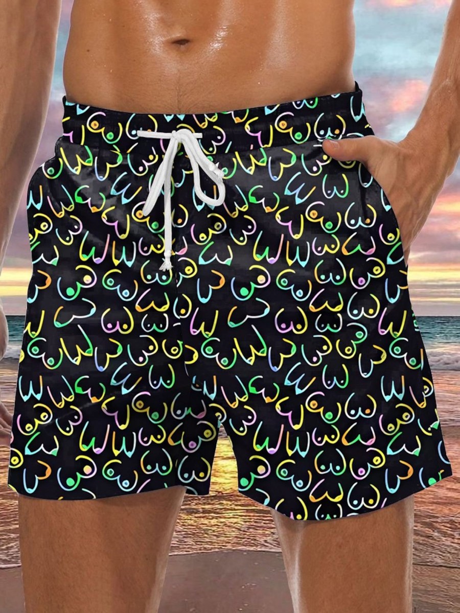 Men DJ Shorts | Colored Stick Figure Boobs Print Pocket Lace-Up Shorts Black