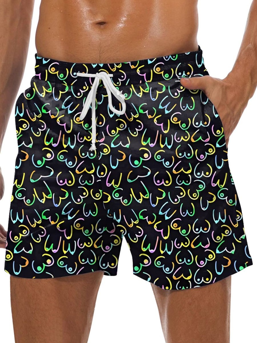 Men DJ Shorts | Colored Stick Figure Boobs Print Pocket Lace-Up Shorts Black