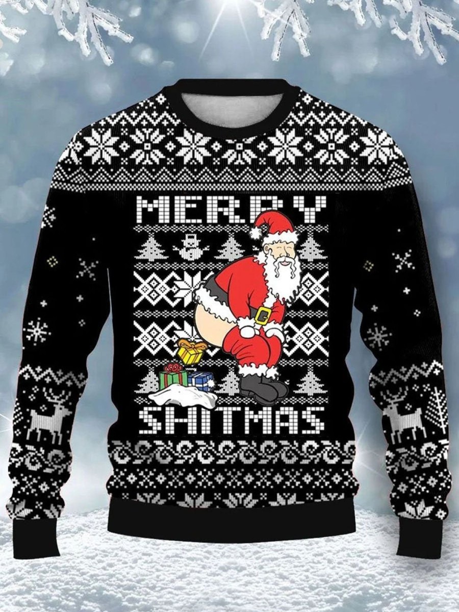 Men DJ Ugly Sweater | Fun Santa Print Casual Crew Neck Sweatshirt Black