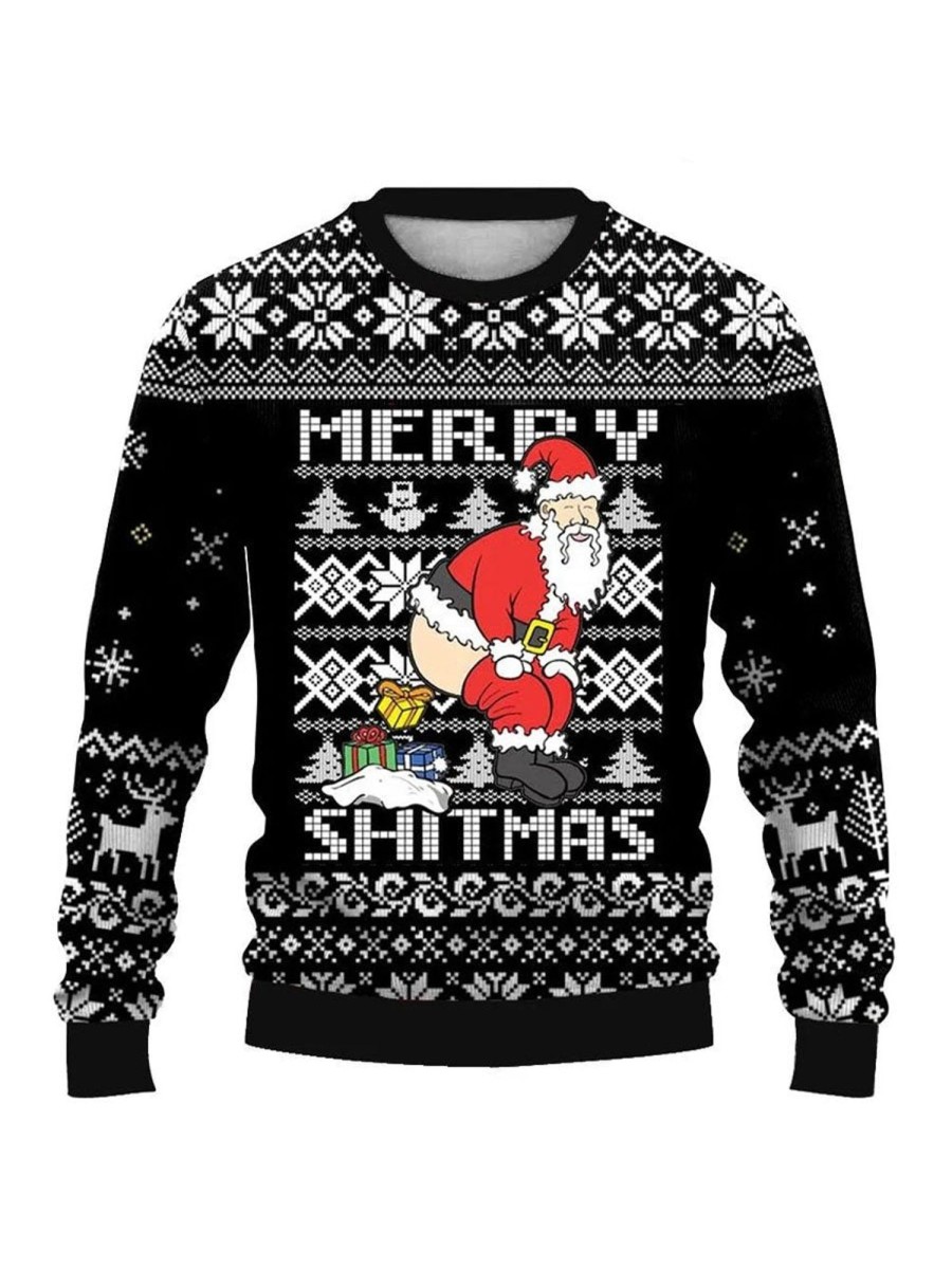 Men DJ Ugly Sweater | Fun Santa Print Casual Crew Neck Sweatshirt Black