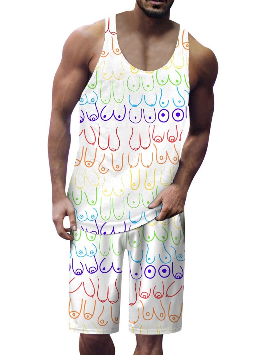 Men DJ Set | Colorful Breast Print Tank Top And Shorts Two-Piece Set Photo Color