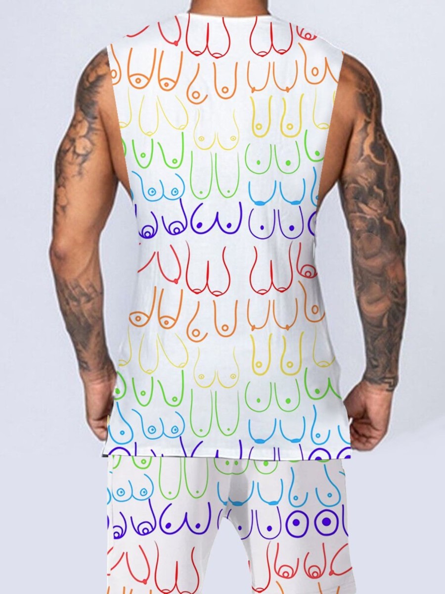 Men DJ Set | Colorful Breast Print Tank Top And Shorts Two-Piece Set Photo Color