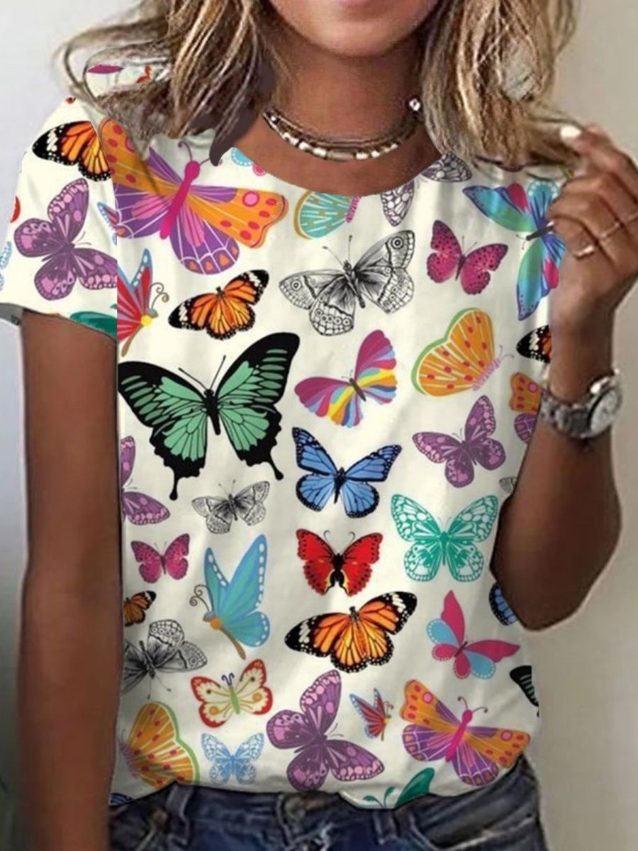 Women GYJ | Butterfly Print Casual Crew Neck T-Shirt White