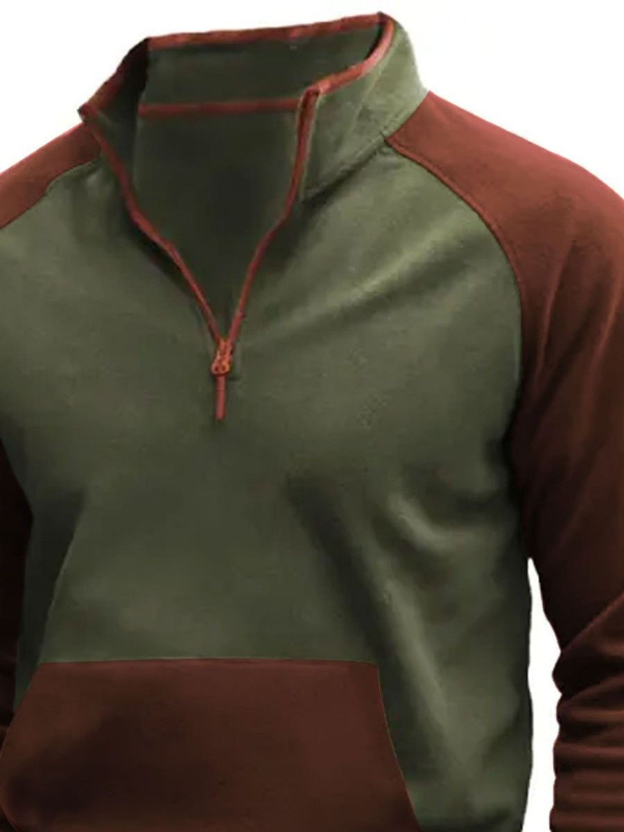 Men BXL T-Shirts | Men'S Casual Quarter-Zip Contrast Fleece Sweatshirt 79283406Xl Grmy Green