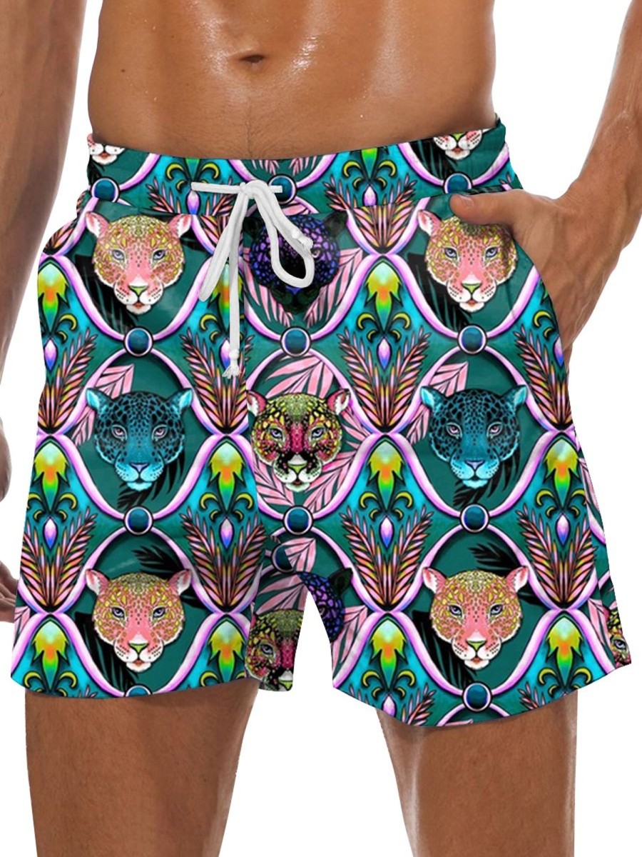 Men DJ Bottoms | Neon Leopard Print Double Pocket Lace-Up Shorts Navy