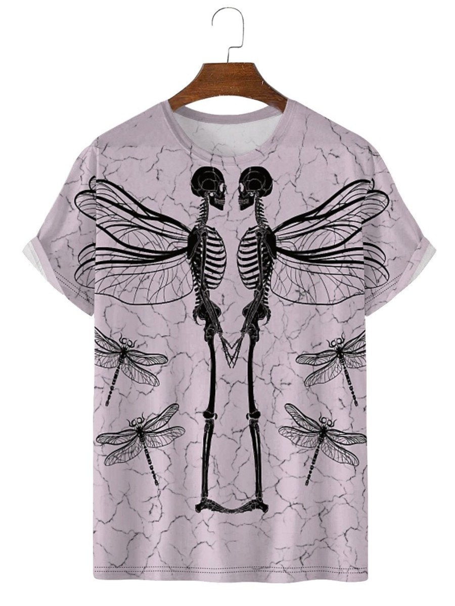 Men HLJ T-Shirts | Skull And Dragonfly Print Casual Short Sleeve T-Shirt Photo Color