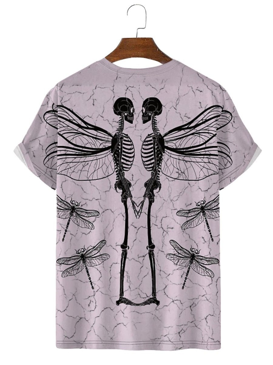 Men HLJ T-Shirts | Skull And Dragonfly Print Casual Short Sleeve T-Shirt Photo Color