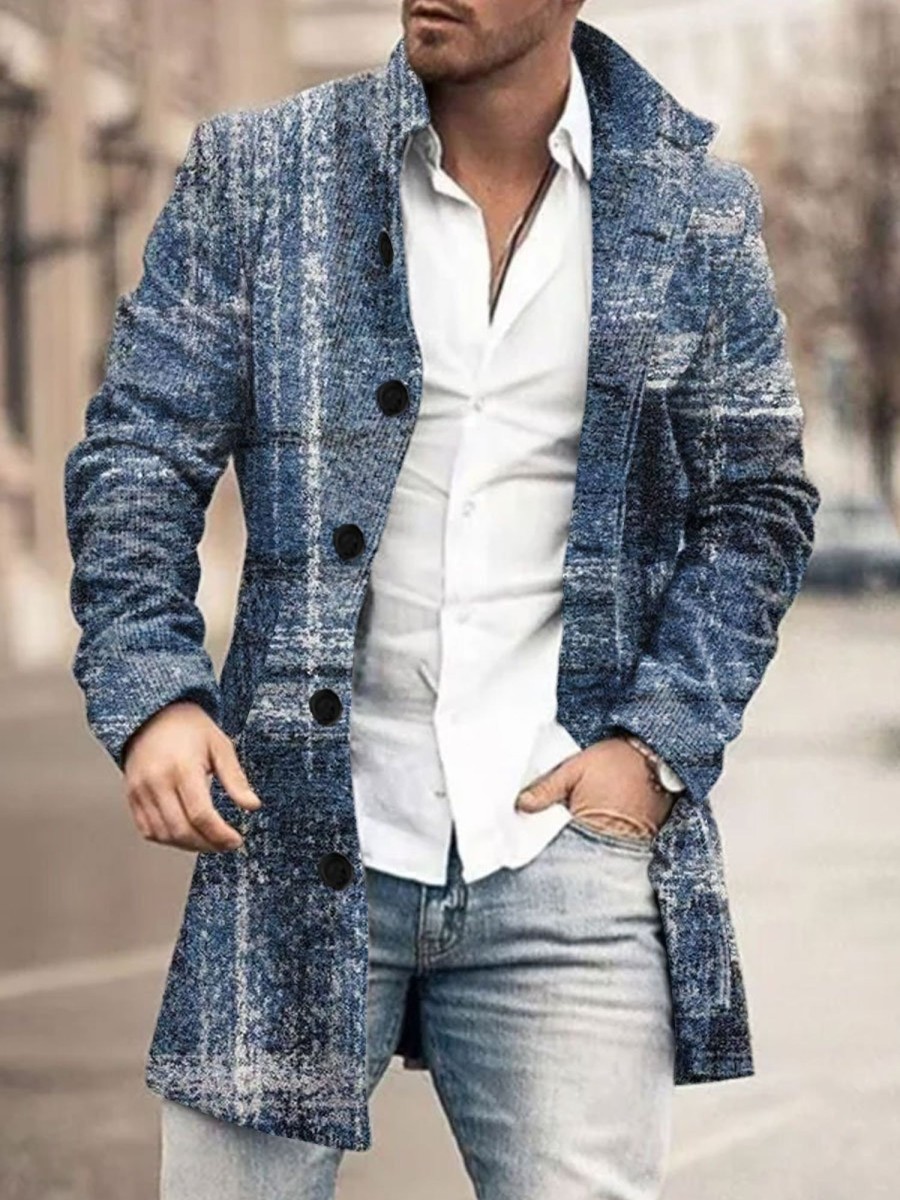 Men BXL Print Jacket | Men'S Casual Button Pocket Wool Plaid Print Stand Collar Coat Blue