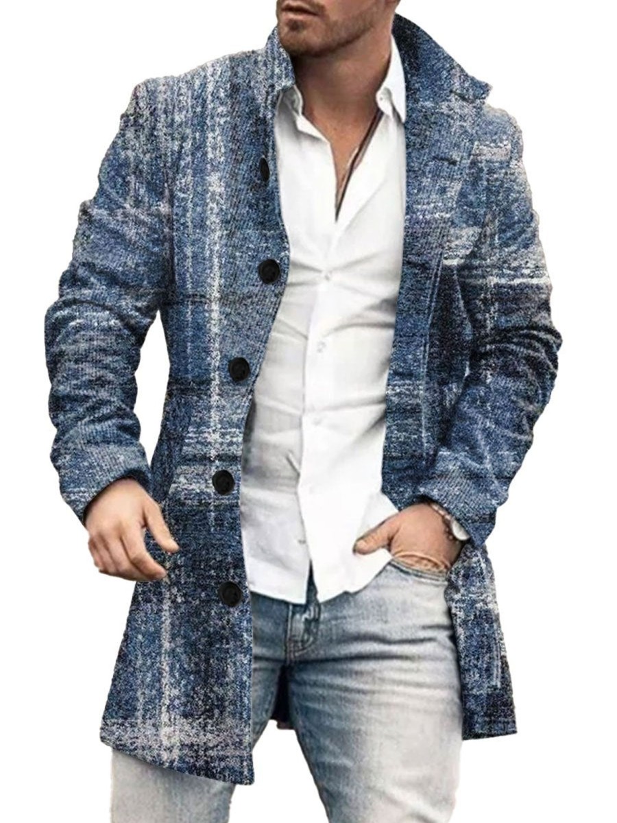 Men BXL Print Jacket | Men'S Casual Button Pocket Wool Plaid Print Stand Collar Coat Blue