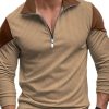 Men BXL Casual Long Sleeve Shirts | Men'S Polo Collar Zippered Waffle Panel Casual Long Sleeve T-Shirt Khaki