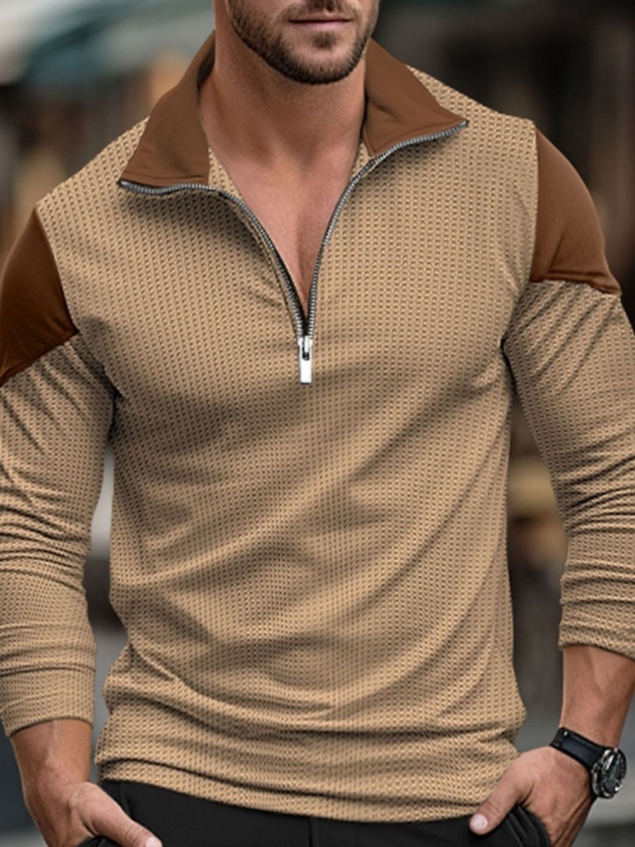 Men BXL Casual Long Sleeve Shirts | Men'S Polo Collar Zippered Waffle Panel Casual Long Sleeve T-Shirt Khaki