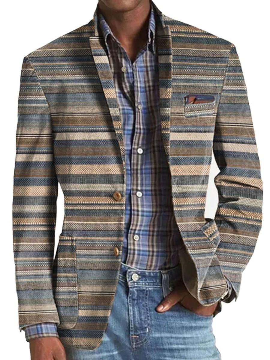 Men BXL Print Jacket | Men'S Retro Stripe Print Pocket Casual Blazer Gray