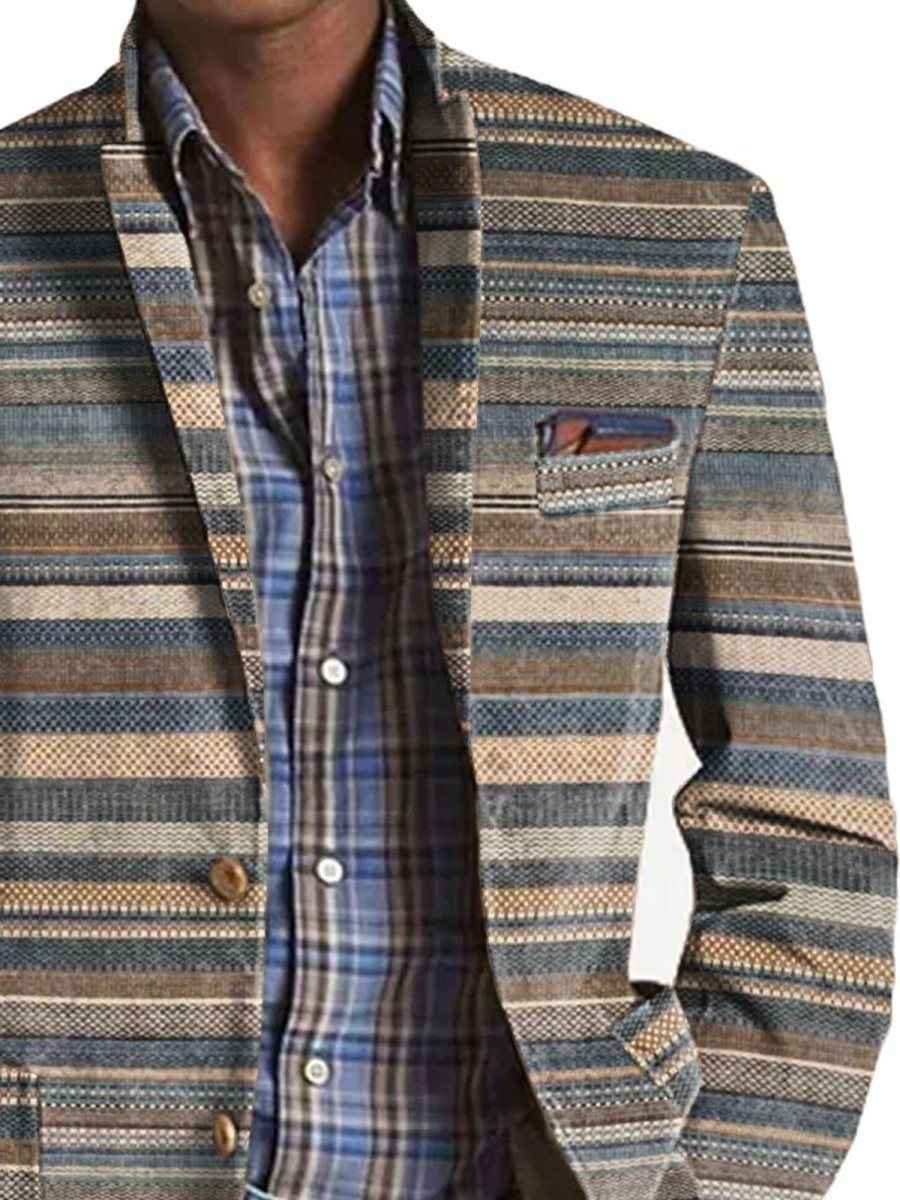 Men BXL Print Jacket | Men'S Retro Stripe Print Pocket Casual Blazer Gray