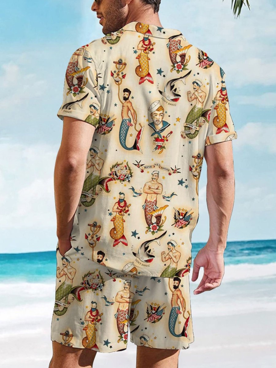 Men HLJ T-Shirts | Retro Male Mermaid Breathable Casual Hawaiian Suit Khaki