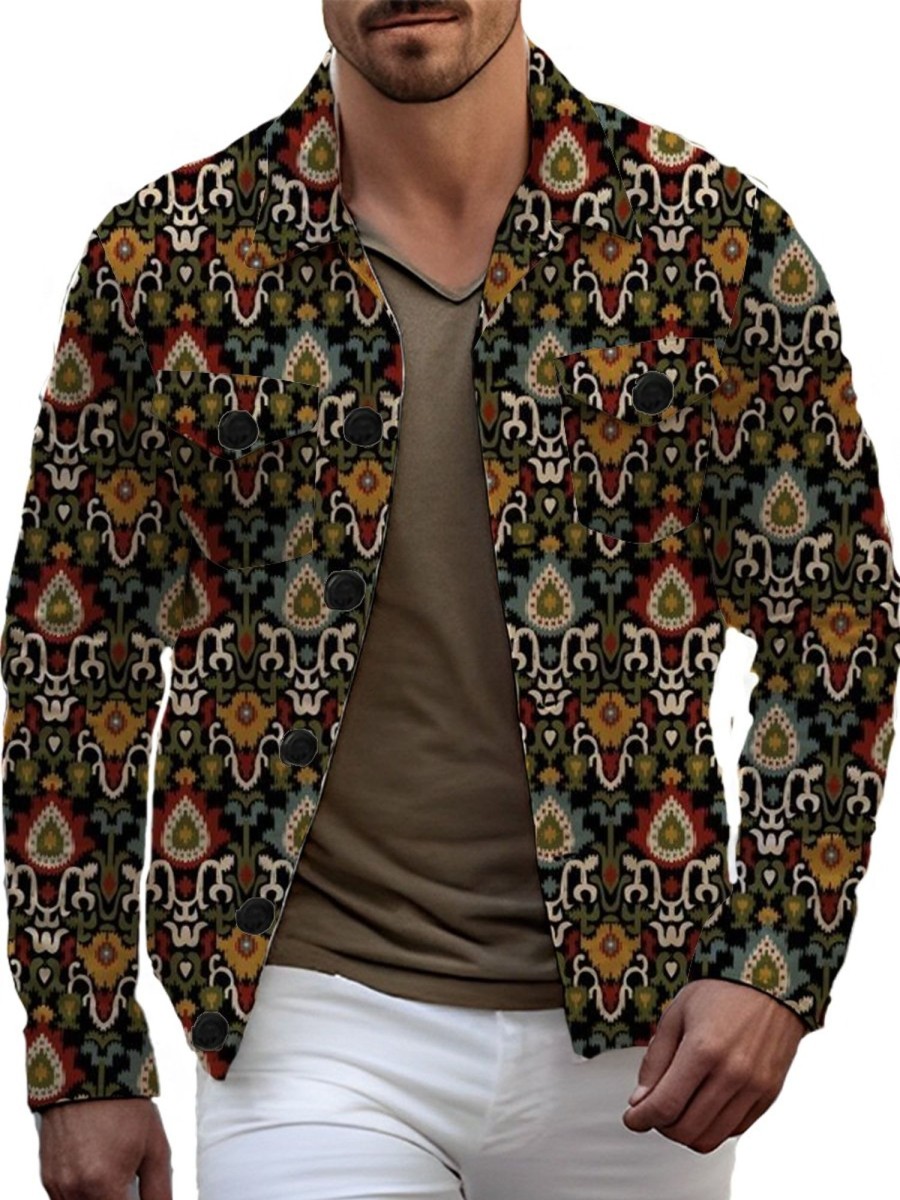 Men DJ Jacket | Vintage Ethnic Print Pocket Single Breasted Lapel Jacket Photo Color