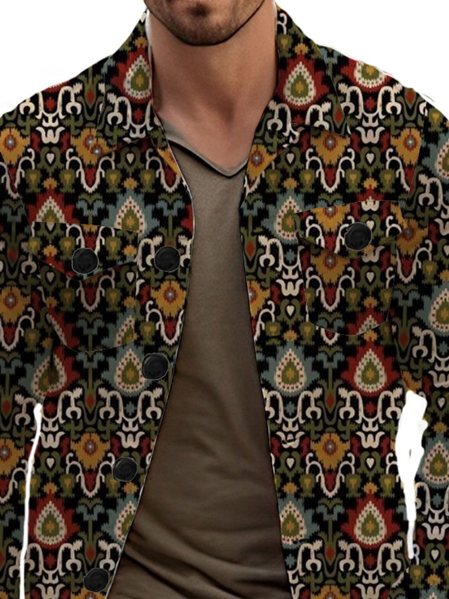 Men DJ Jacket | Vintage Ethnic Print Pocket Single Breasted Lapel Jacket Photo Color