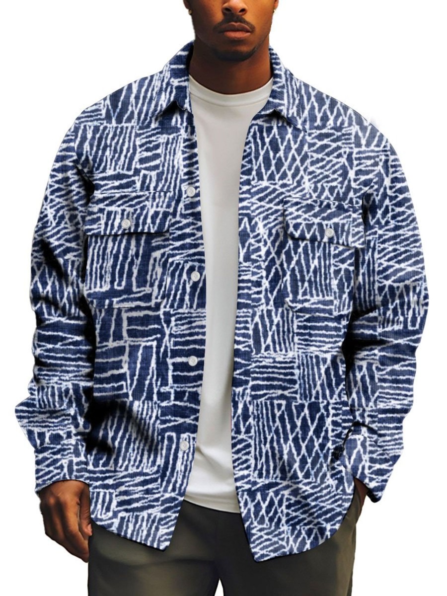 Men TH Print Jacket | Men'S Retro Irregular Lines Shirt Jacket Blue