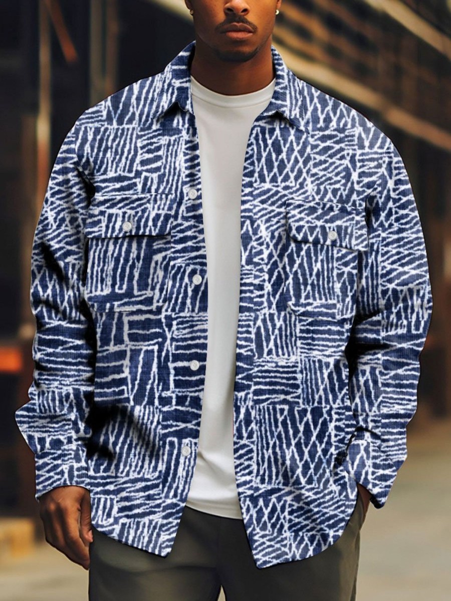 Men TH Print Jacket | Men'S Retro Irregular Lines Shirt Jacket Blue