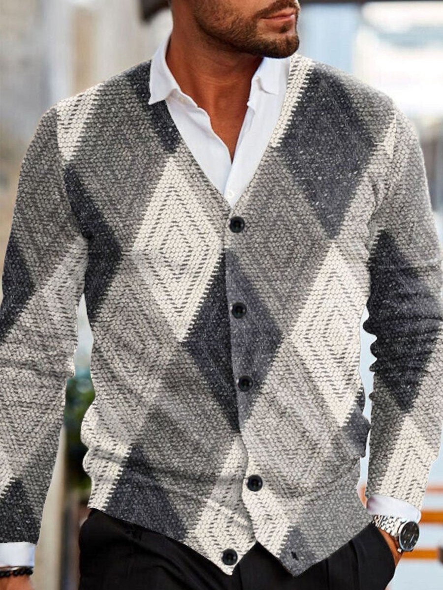 Men DJ Print Cardigan | Retro Geometric Print V-Neck Knitted Cardigan Gray