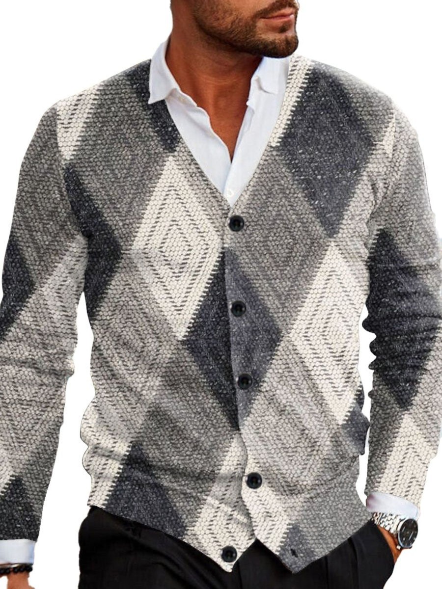 Men DJ Print Cardigan | Retro Geometric Print V-Neck Knitted Cardigan Gray