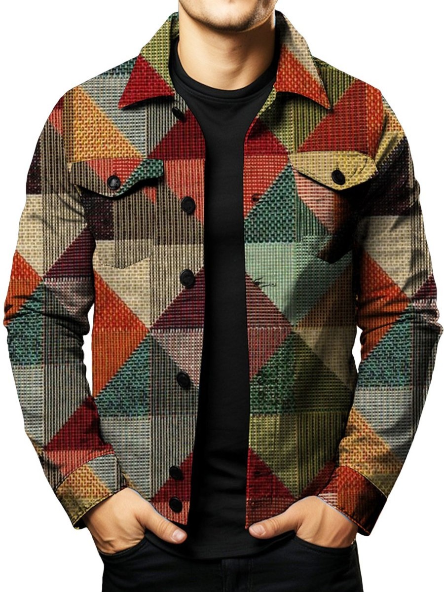 Men DJ Jacket | Vintage Ethnic Color Block Print Pocket Single Breasted Lapel Jacket Photo Color