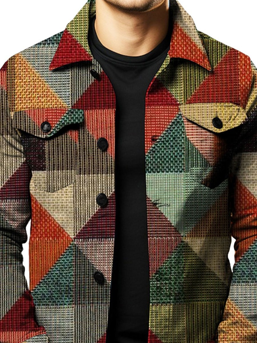 Men DJ Jacket | Vintage Ethnic Color Block Print Pocket Single Breasted Lapel Jacket Photo Color