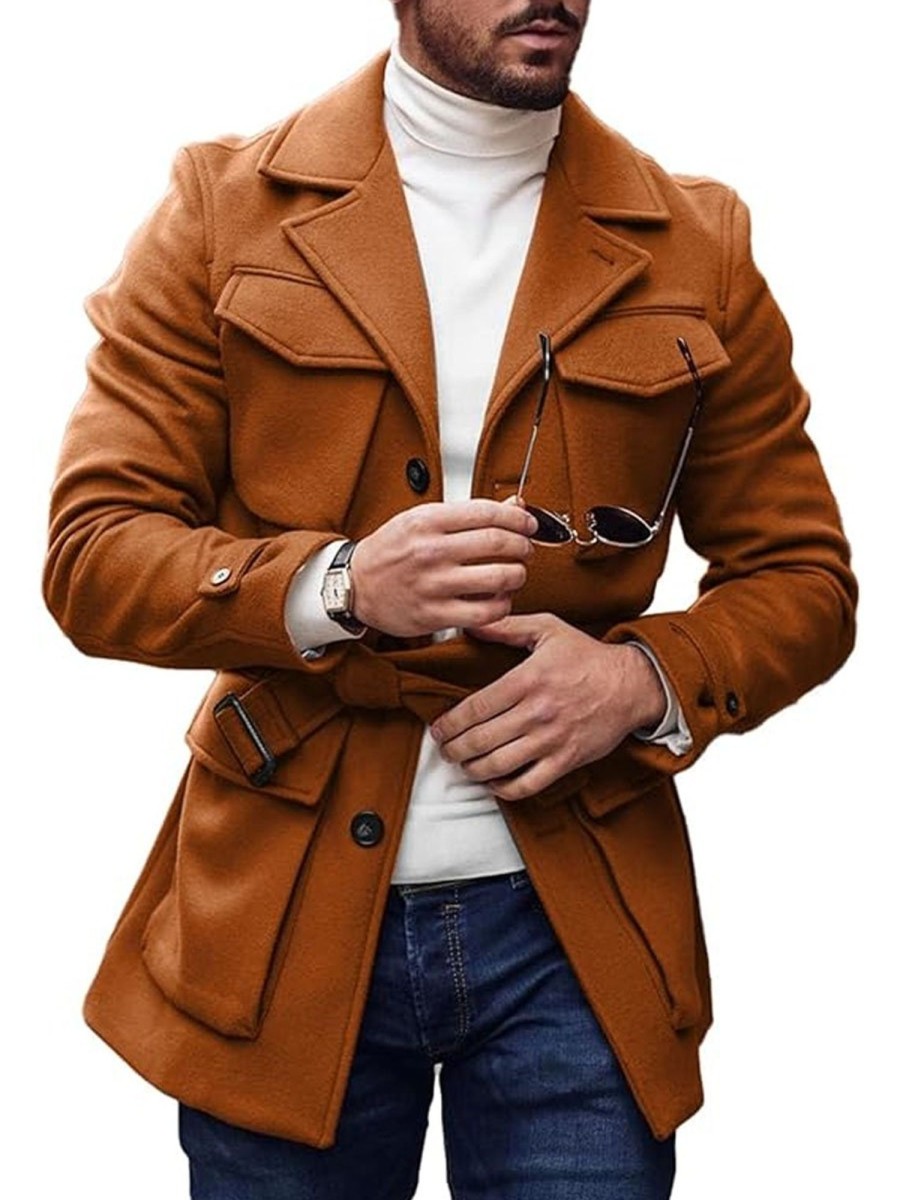 Men DJ Jacket | Solid Color Multi-Pocket Lapel Lace-Up Woolen Coat