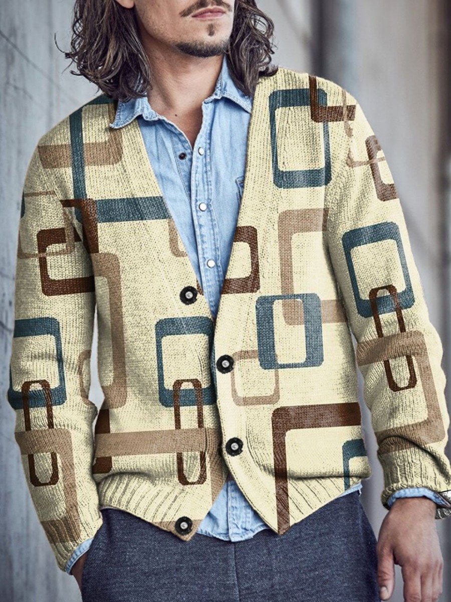 Men DJ Print Cardigan | Retro Geometric Print V-Neck Knitted Cardigan Khaki