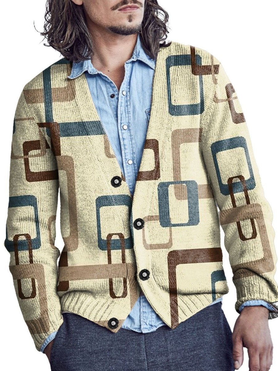 Men DJ Print Cardigan | Retro Geometric Print V-Neck Knitted Cardigan Khaki