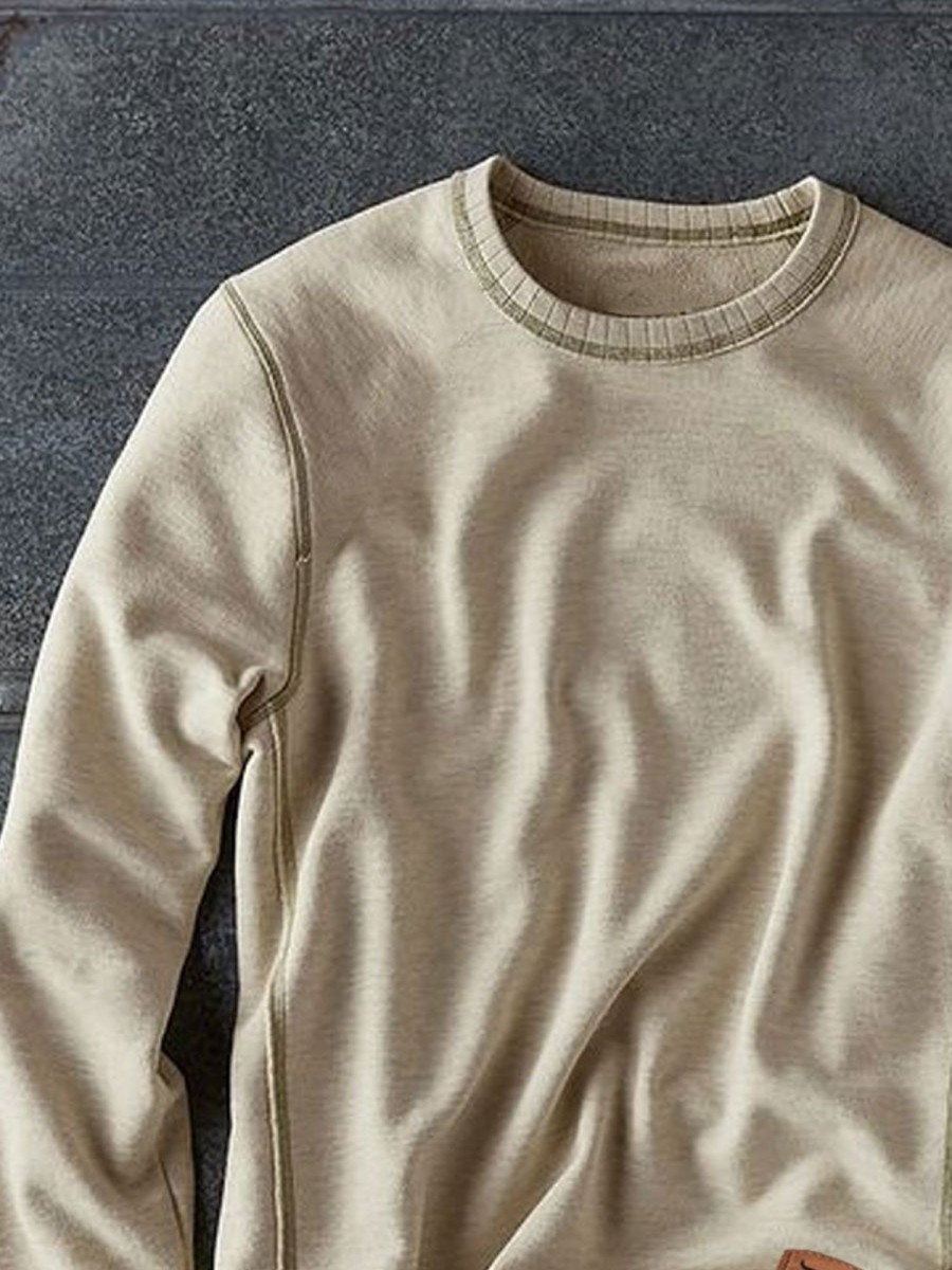 Men BXL T-Shirts | Men'S Casual Fleece Patch Solid Color Crew Neck Sweatshirt 56154299Xl Beige