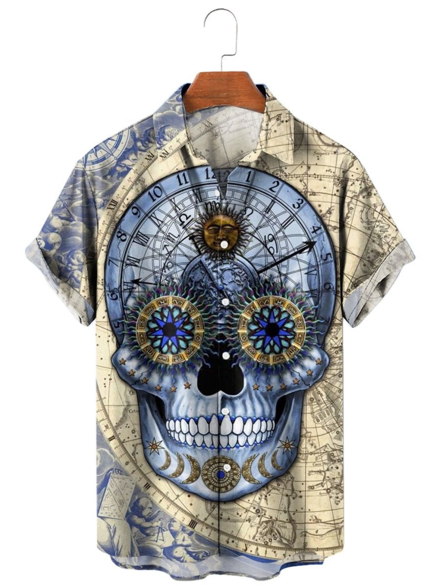 Men HLJ Shirts | Men'S Astrology Skull Print Short Sleeve Shirt Khaki