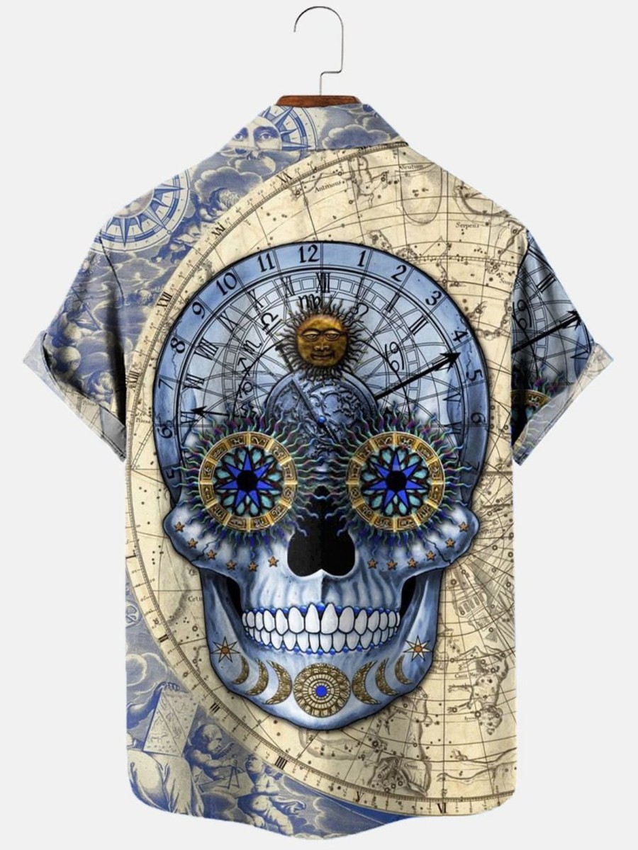 Men HLJ Shirts | Men'S Astrology Skull Print Short Sleeve Shirt Khaki