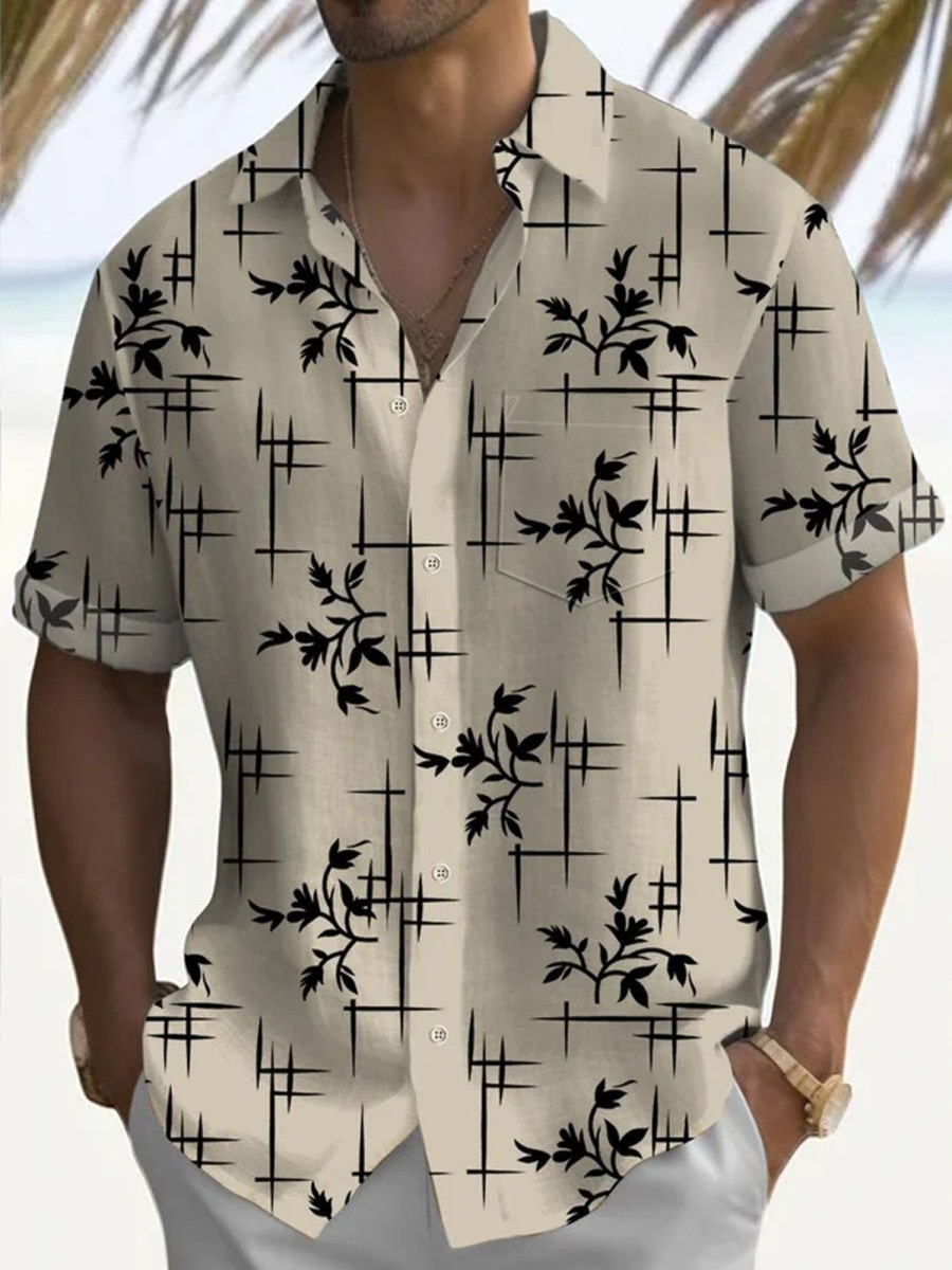 Men DJ Shirts | Basics Geometric Floral Print Beach Casual Short Sleeve Shirt Khaki