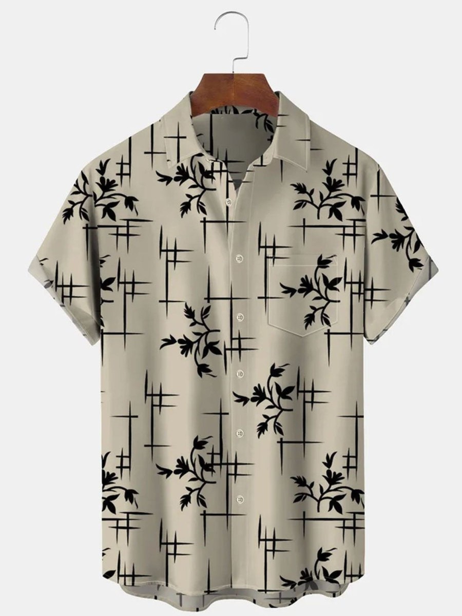 Men DJ Shirts | Basics Geometric Floral Print Beach Casual Short Sleeve Shirt Khaki