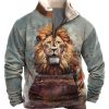 Men BXL T-Shirts | Men'S Save The Animals Lion Art Painted Pocket Zip Fleece Neck Sweatshirt Orange