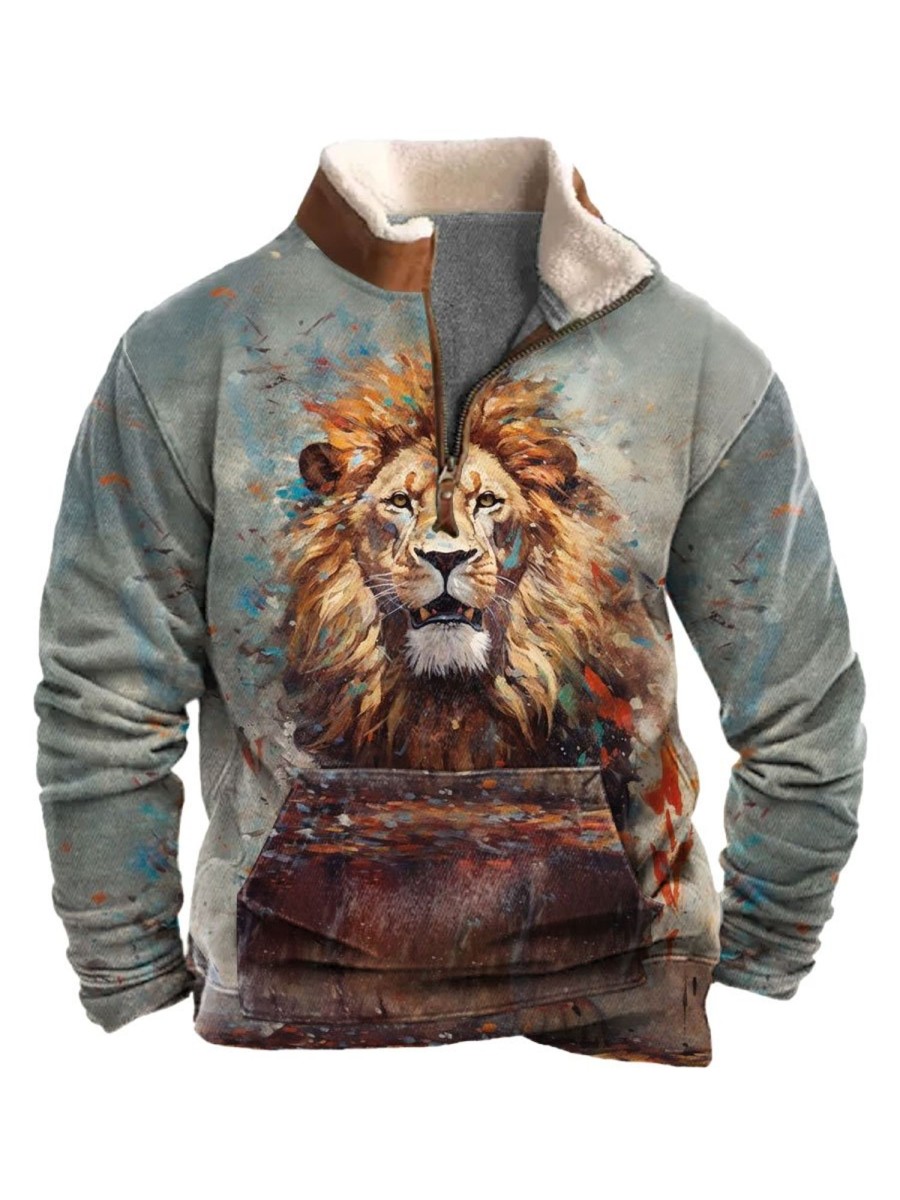 Men BXL T-Shirts | Men'S Save The Animals Lion Art Painted Pocket Zip Fleece Neck Sweatshirt Orange