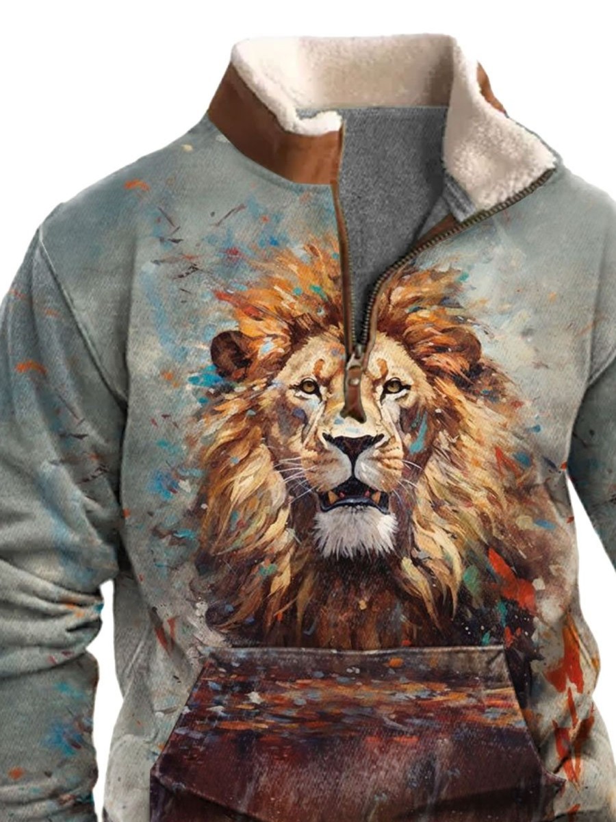 Men BXL T-Shirts | Men'S Save The Animals Lion Art Painted Pocket Zip Fleece Neck Sweatshirt Orange